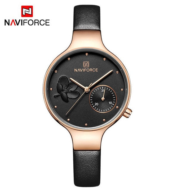 NAVIFORCE Women Fashion Blue Quartz Watch Lady Leather Watchband High Quality Casual Waterproof Wristwatch Gift for Wife 2019